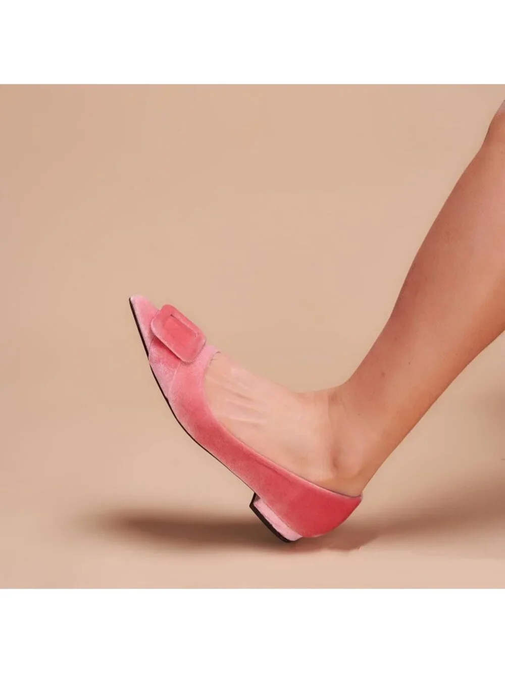 Women's Velvet Claret Pointed Toe Square Buckle Flats Slip-On Comfortable Shoes